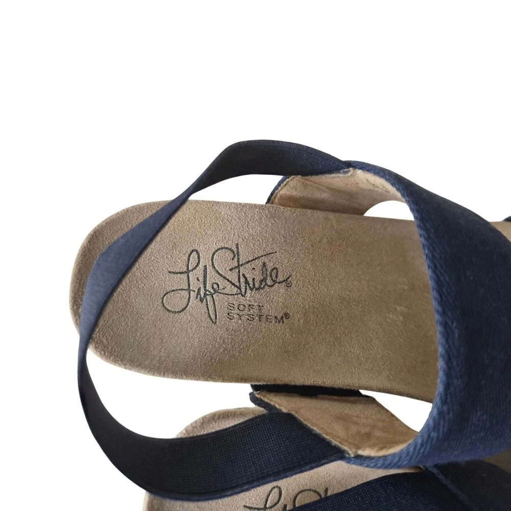 LifeStride Soft System Navy Blue Elastic Strap Espadrille Wedge Sandals Womens 7